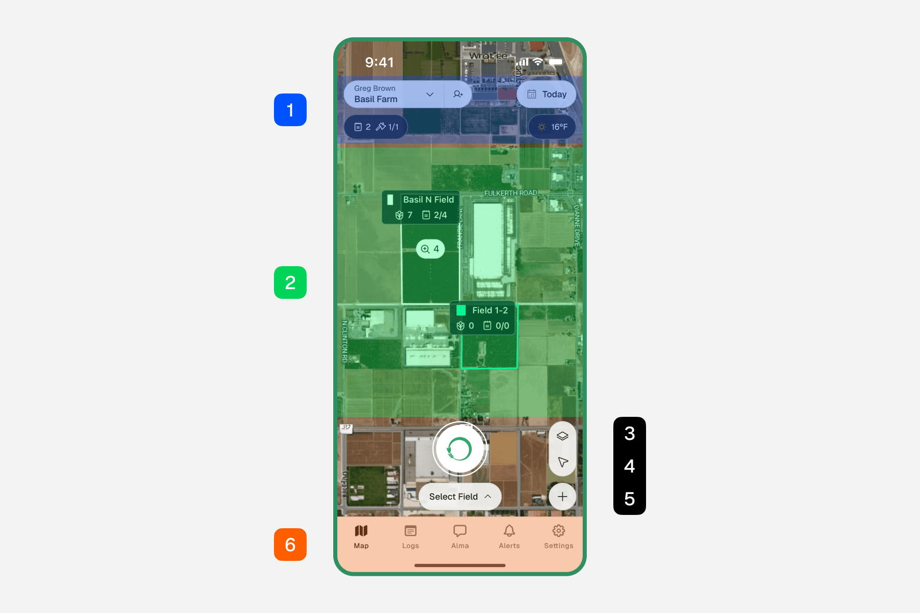 Numanac map screen with numbered UI callouts