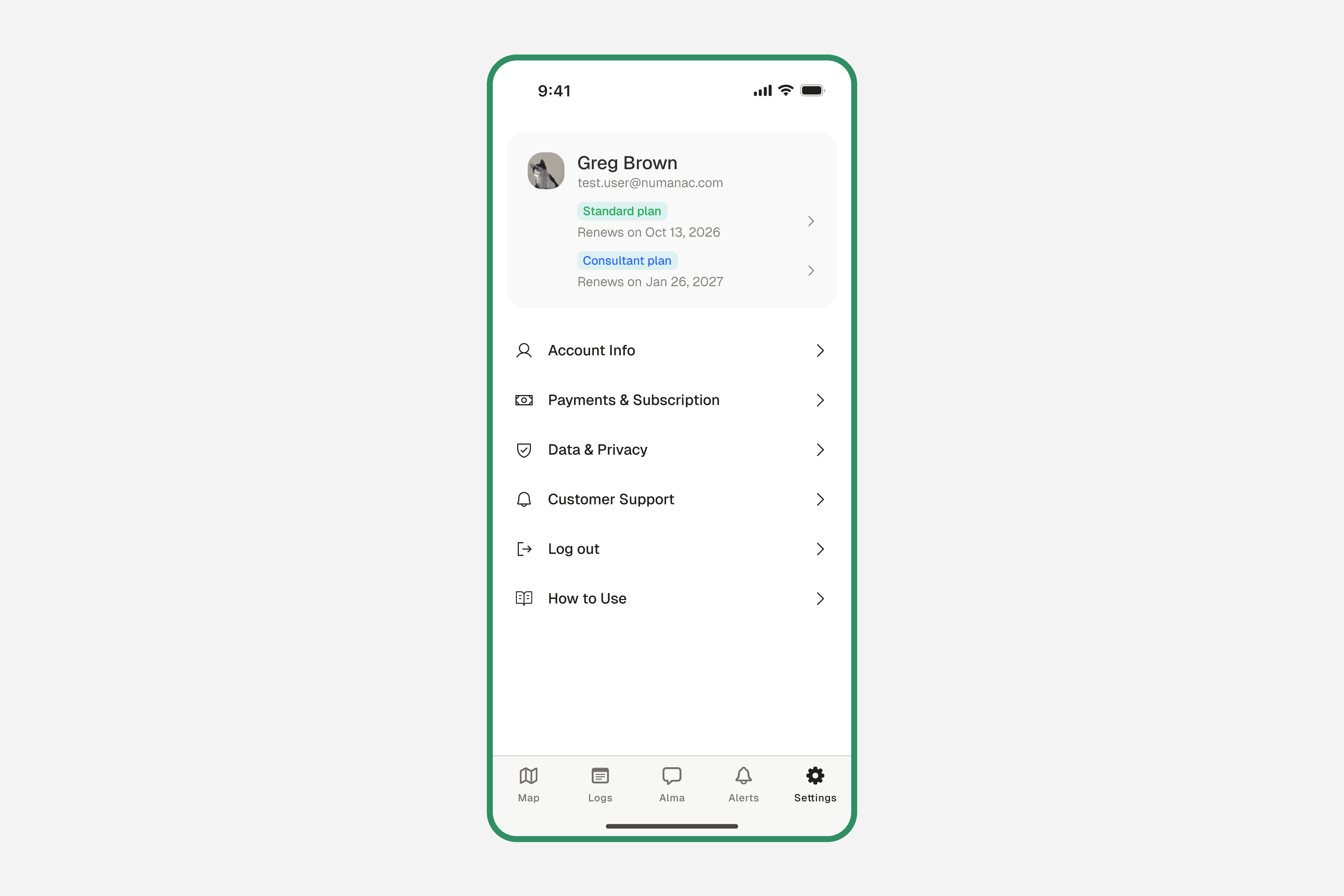 Numanac settings screen